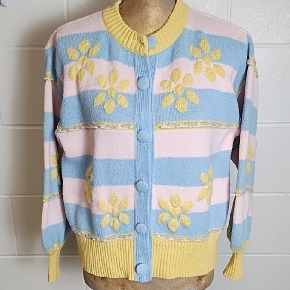 Pastel Floral Cottagecore Cardigan Sweater Cotton Blend - Picture 1 of 11